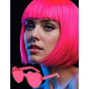 Women's Hot Pink 12 Inch Costume Cosplay Party Short Bob Wigs And Sunglass